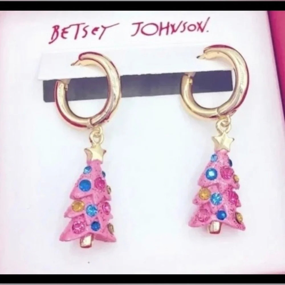 BETSEY JOHNSON Christmas Pink Sparkle Christmas Tree Huggy Hoop Earrings NEW NWT